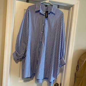 NWT Boohoo striped oversized batwing balloons sleeve shirt dress blue size US 6